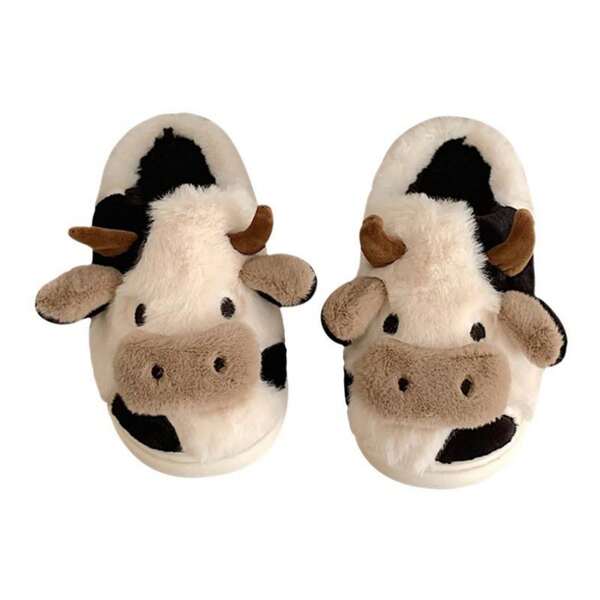 Fuzzy Cute Cow Slippers For Women Winter Warm Cozy Animal Fluffy Kawaii House Slippers Cute Slippers