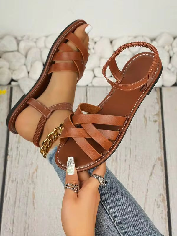 Summer New Brown Woven Leather Lace-Up Flat Sandals, Suitable For Women, Women's Ankle Strap Flat Sandals, Summer Open Toe Lace-Up Sandals Slippers
