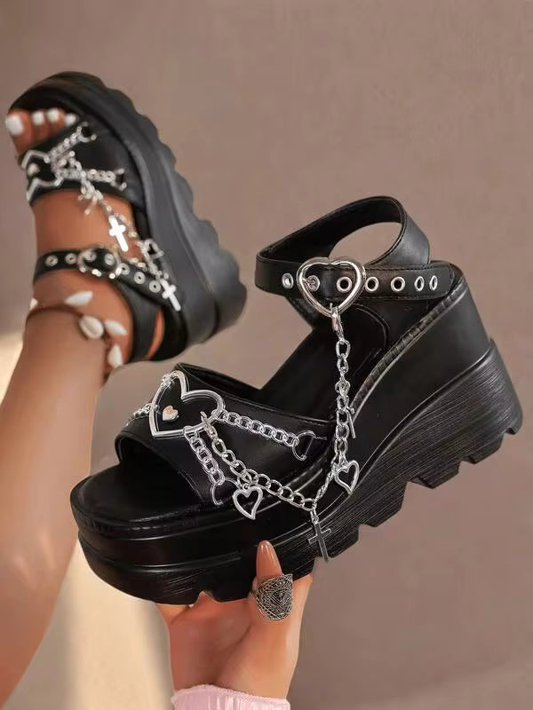 Black Summer Slope Heel Shoes Thick Bottom Women's Punk Fashion Sandals For Women Casual Slippers Comfortable Gothic Cross Chain Platform Sandals