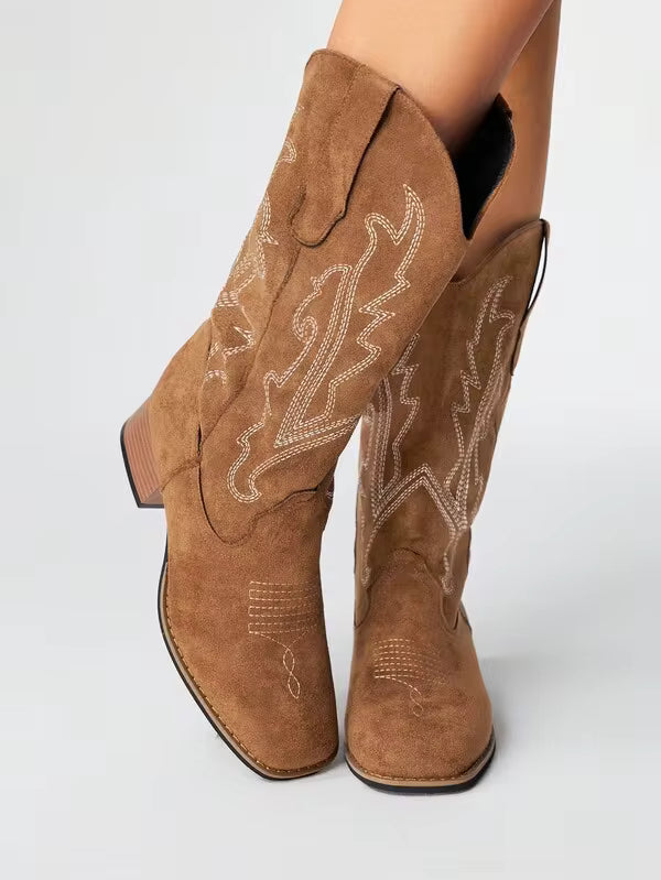 ROMWE Grunge Punk Women's 2026 Autumn/Winter New Outdoor Fashion Embroidery Pointed Toe Chunky Heel Western Cowboy Ankle Boots, Slip-On Cowboy Boots