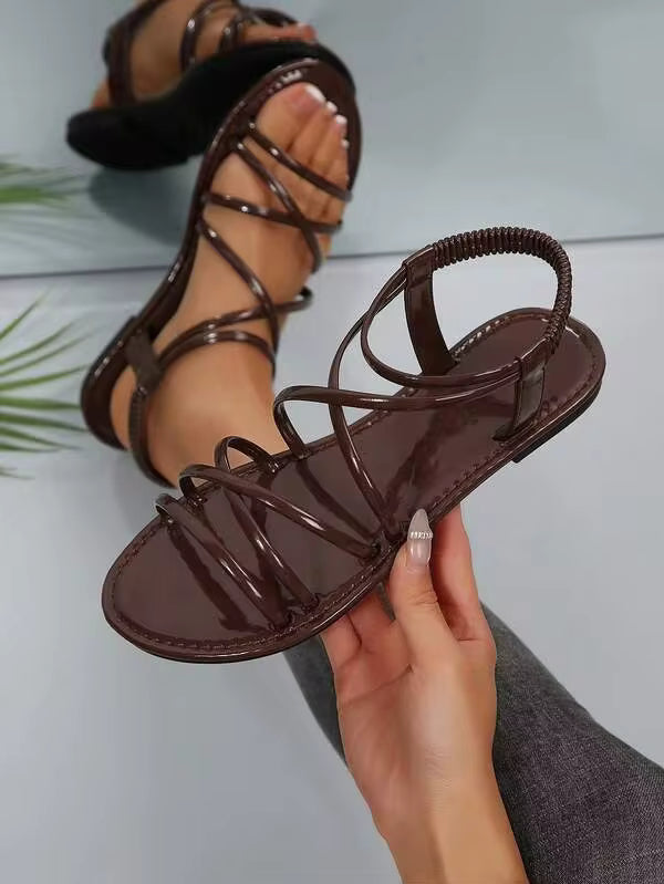 Women's Criss-Cross Strap Flat Sandals, Open Toe Ankle Strap Gladiator Sandals, Summer Casual Beach Vacation Shoes, Y2K Bohemian Style Criss-Cross Strap Flat Gladiator Sandals, Women Summer Beach Holiday Footwear
