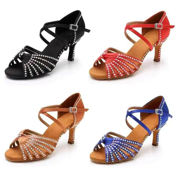 Women's Crystal Embellished Ballroom Latin Dance Heels, Comfortable Strappy Dance Shoes In Multiple Colors For Salsa, Party & Performance
