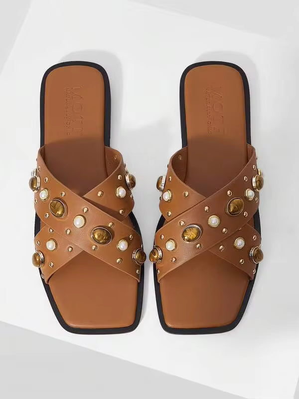 MOTF OUTDOOR WOMEN'S FLAT BOTTOM SQUARE TOE RHINESTONE SIMPLE SLIPPERS WOMEN'S THICK BOTTOM OPEN-TOED CASUAL VERSATILE BEACH SLIPPERS SUMMER