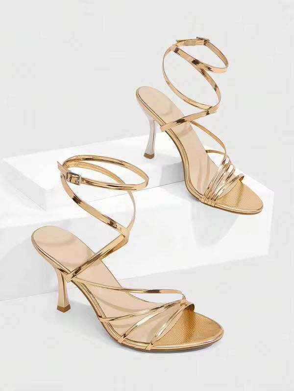 CUCCOO SZL Women's New Fashion Sparkling Rhinestone With Light Gold High-Heeled Sandals, Round Toe Stiletto Open-Toed Party Dress Shoes