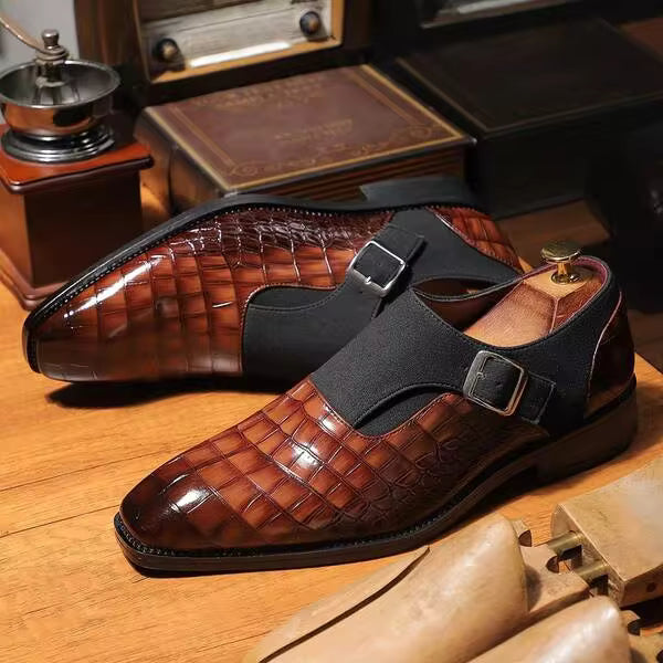 Men's Crocodile Embossed Monk Strap Dress Shoes, British Style Square Toe Formal Leather Shoes For Business & Wedding